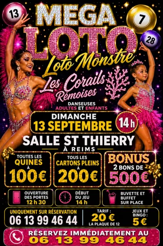 Affiche du Mega Loto des Corail's Rémoises, dimanche 13 septembre à la Salle St Thierry à Reims
