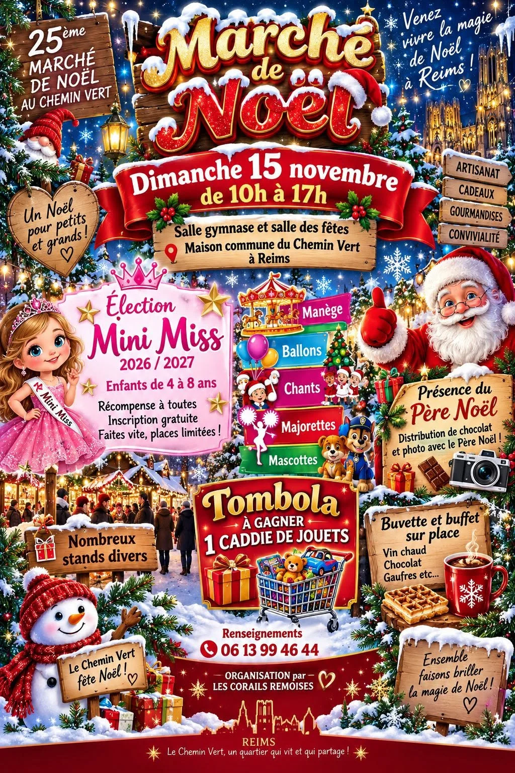 Affiche du 25e Marché de Noël au Chemin Vert à Reims, dimanche 15 novembre de 10h à 17h, salle gymnase et salle des fêtes de la Maison commune du Chemin Vert