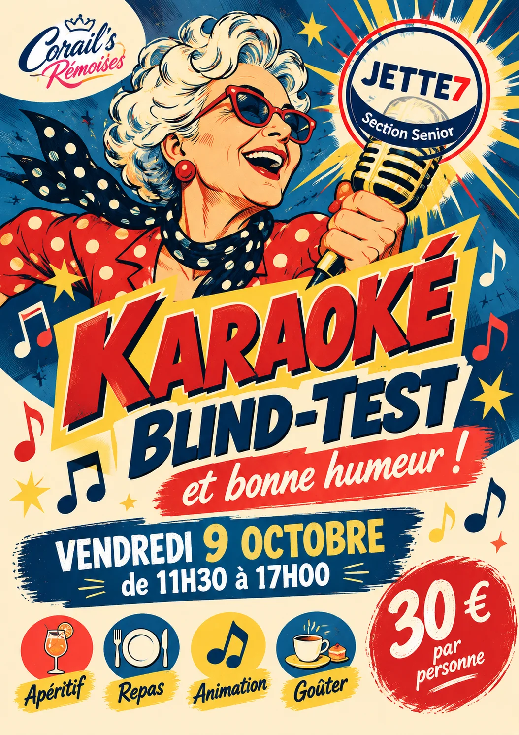 Affiche du Karaoké blind-test de la section senior JETTE7 des Corail's Rémoises, vendredi 9 octobre de 11h30 à 17h00, 30 € par personne